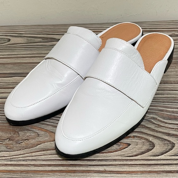 Halogen White Leather Mules Flats Slide On Low Block Heel Casual Preppy Size 9 - Picture 4 of 16